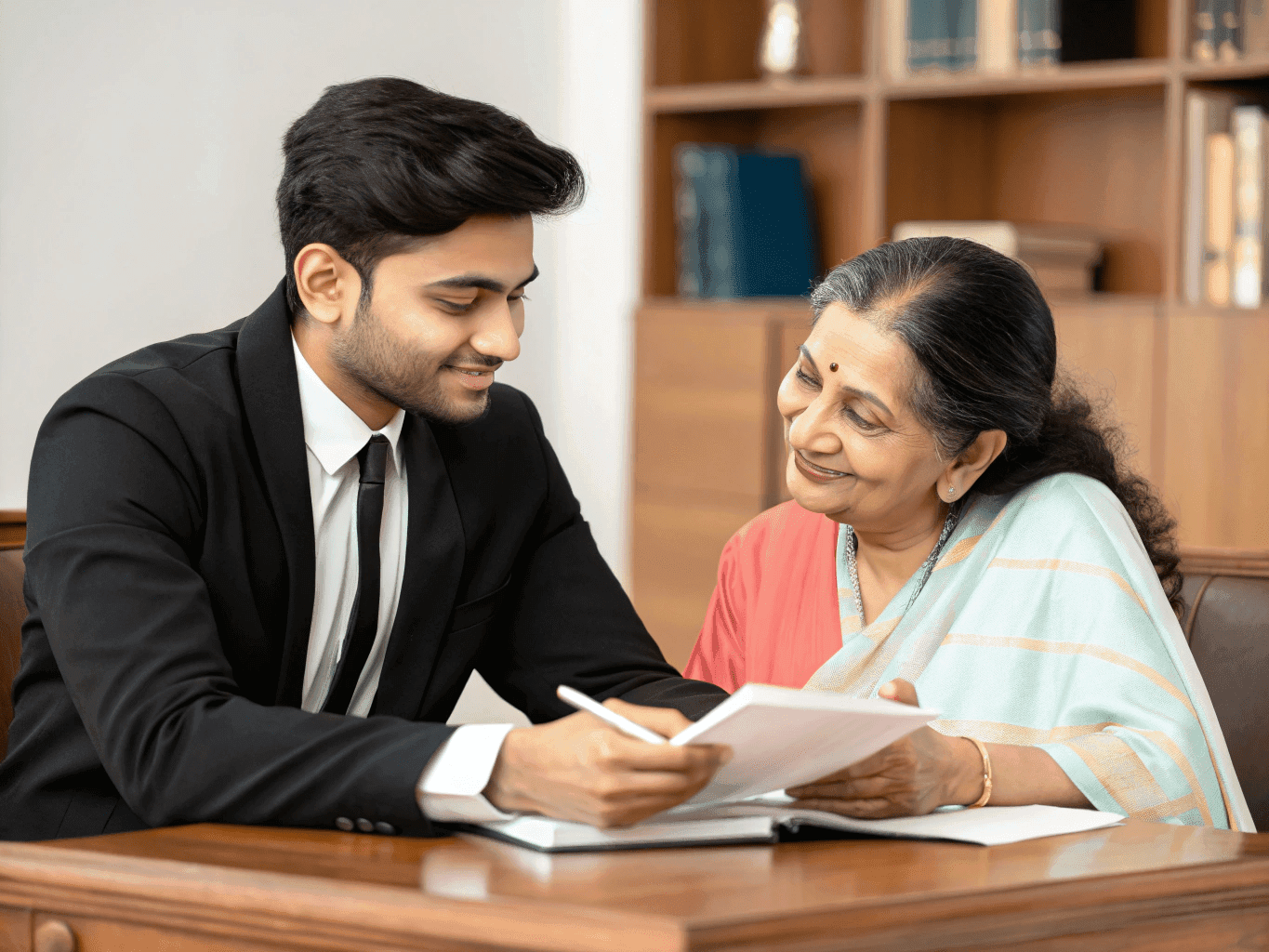 Young Indian lawyer providing legal consultation to a senior woman